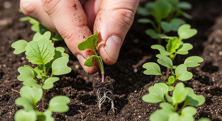 Primer plano de plántulas de rábano siendo aclaradas para dejar espacio entre ellas.