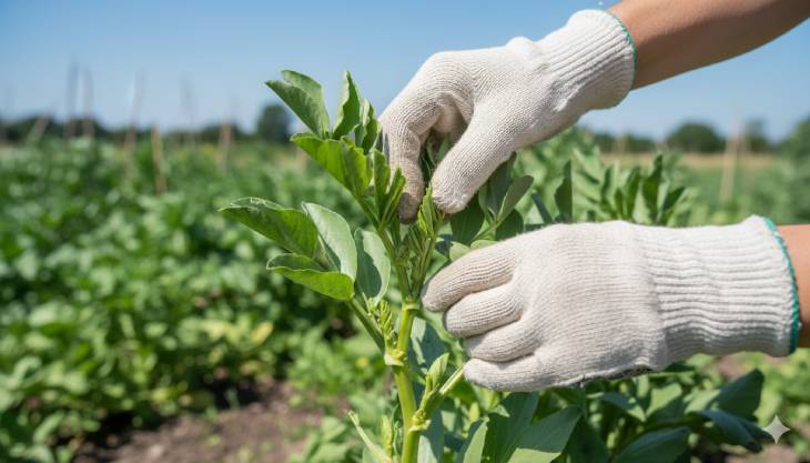 Primer plano de las manos de un jardinero realizando la poda de pinzado en la punta de una planta de habas.