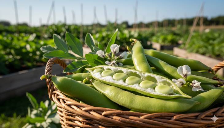 Una cesta llena de vainas de habas recién cosechadas, mostrando su tamaño y frescura.
