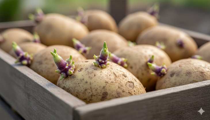 Primer plano de patatas de siembra con brotes verdes y robustos en una caja de madera.