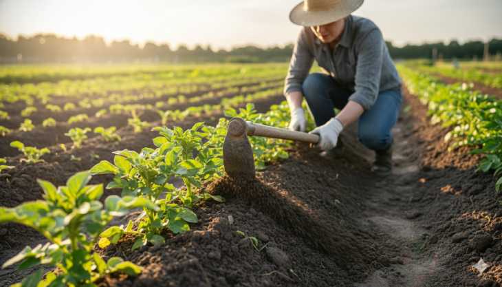 Manos realizando la técnica del aporcado, amontonando tierra alrededor del tallo de una planta de patata.