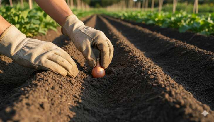 Jardinero plantando bulbillos de cebolla en un caballón elevado para asegurar el drenaje.