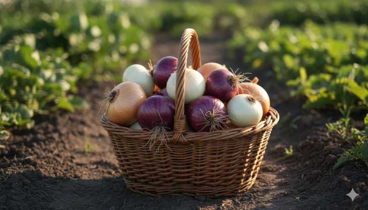 Diferentes tipos de cebollas (blanca, morada y amarilla) dispuestas en una cesta tras la cosecha.