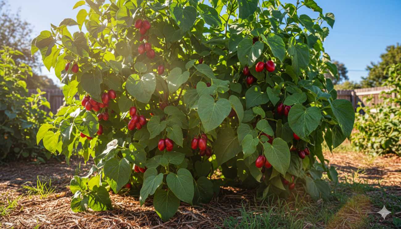 Un arbusto de tamarillo cargado de frutos rojos maduros colgando entre sus grandes hojas verdes.