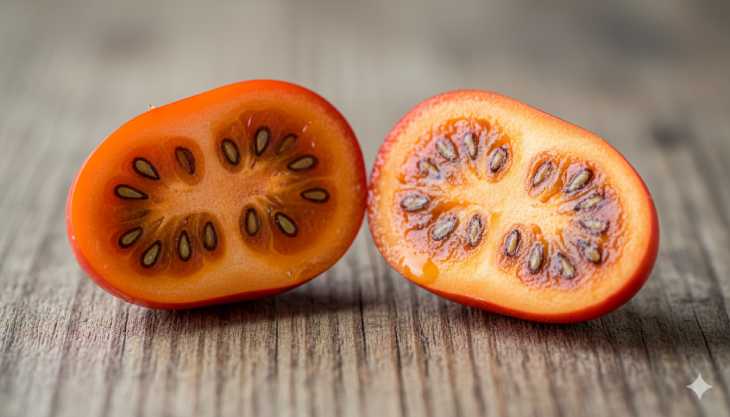 Primer plano de un fruto de tamarillo cortado por la mitad, mostrando la pulpa naranja y semillas negras.