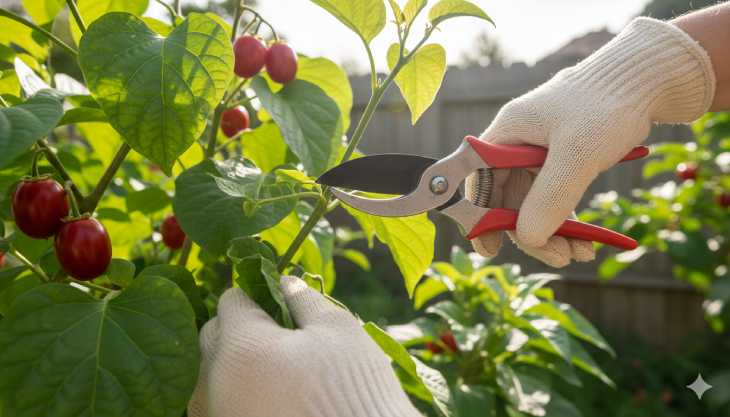 Horticultor podando las ramas superiores de un tomate de árbol joven para fomentar la ramificación.
