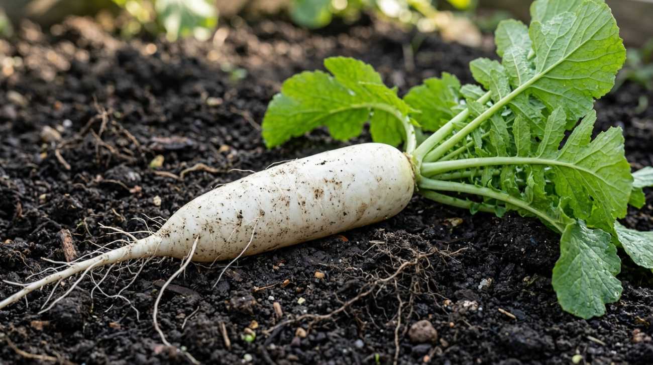 Rábano Daikon recién cosechado sobre sustrato orgánico oscuro