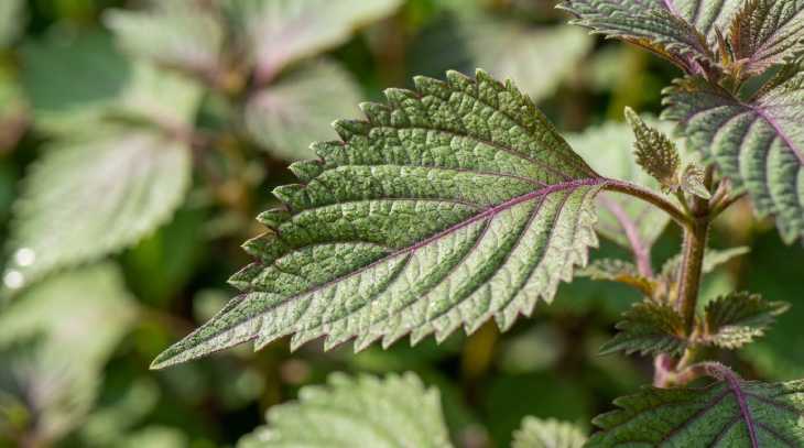 Detalle macro de hojas dentadas de planta aromática Shiso verde
