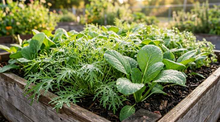 Cultivo de hortalizas japonesas Mizuna y Komatsuna en bancal de madera
