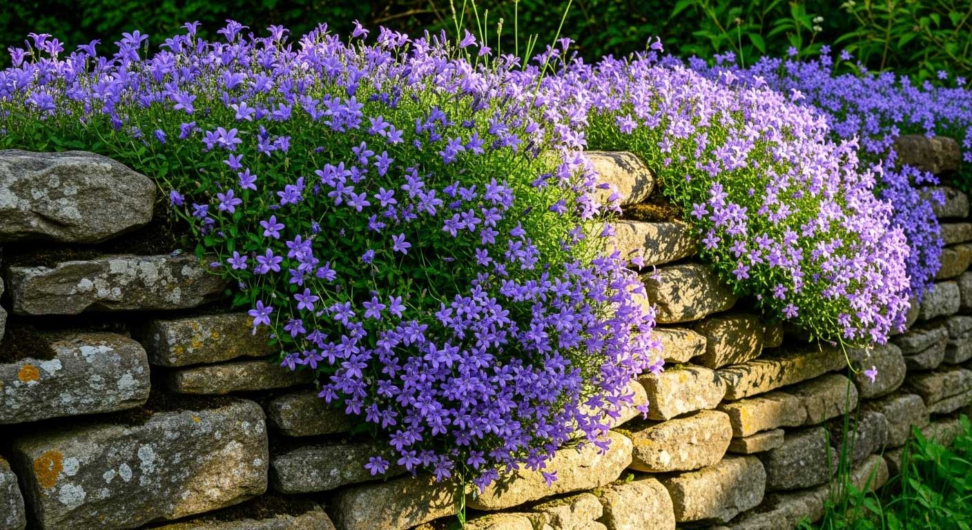 plantas de campanillas colgando en muro de rocas