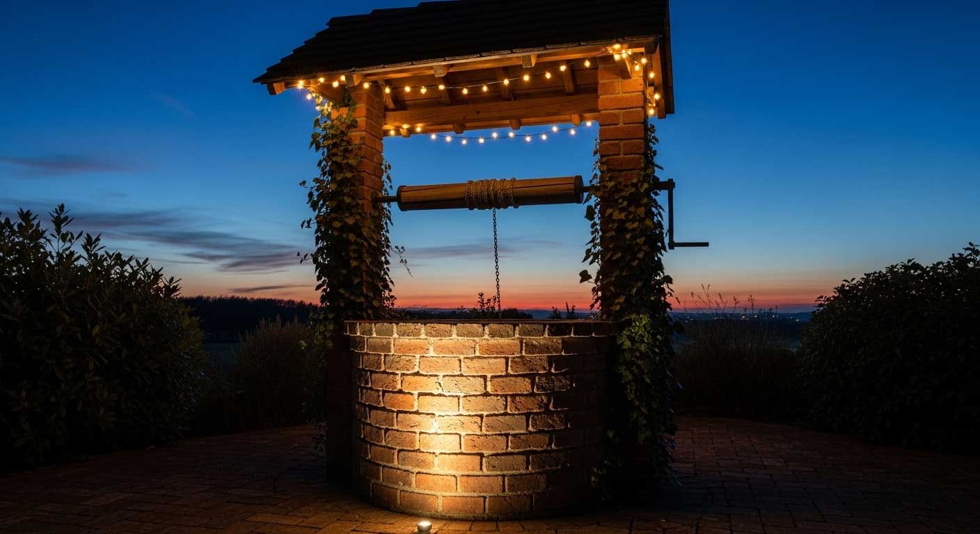 pozo de piedra decorado con luces