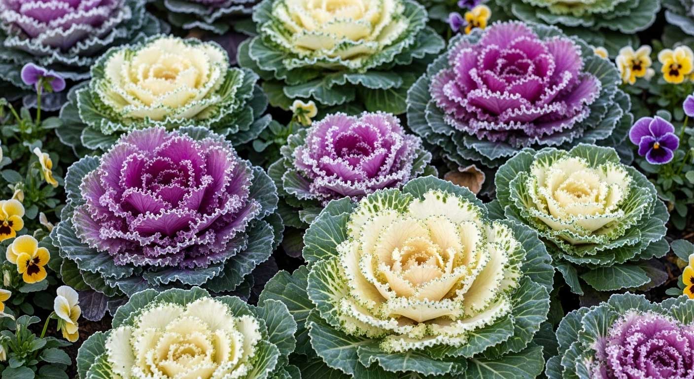 coles ornamentales blancas y otras moradas