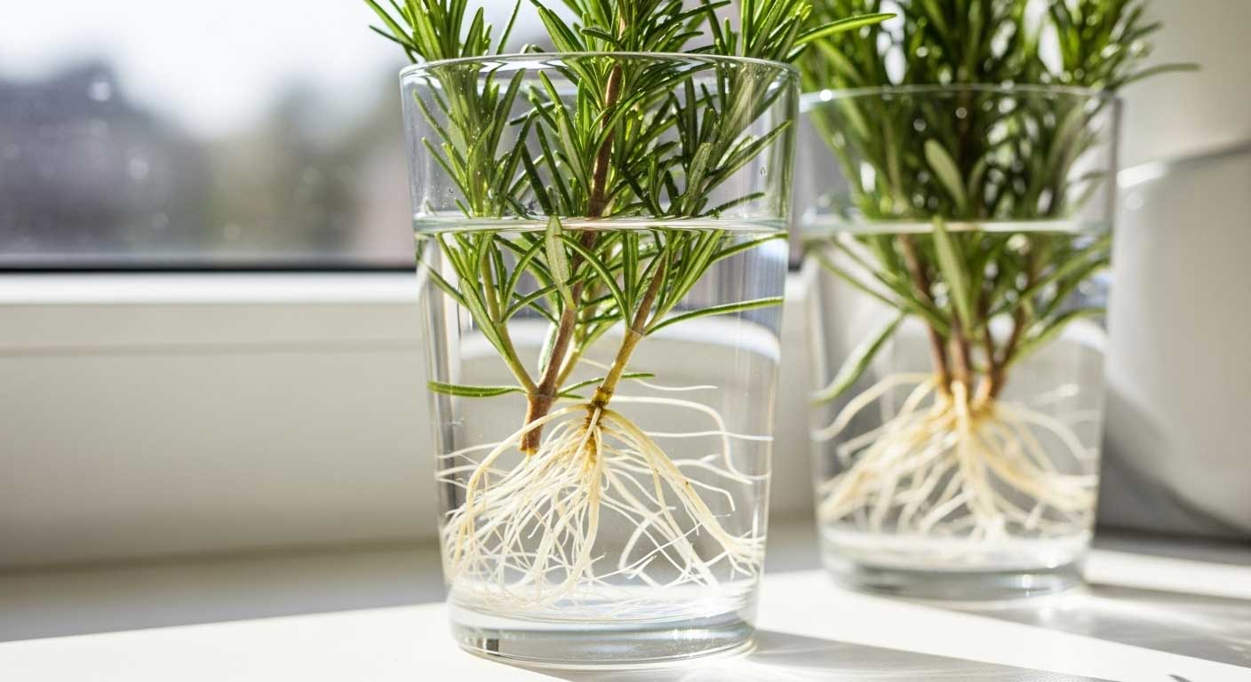ramas de romero en jarrones de cristal