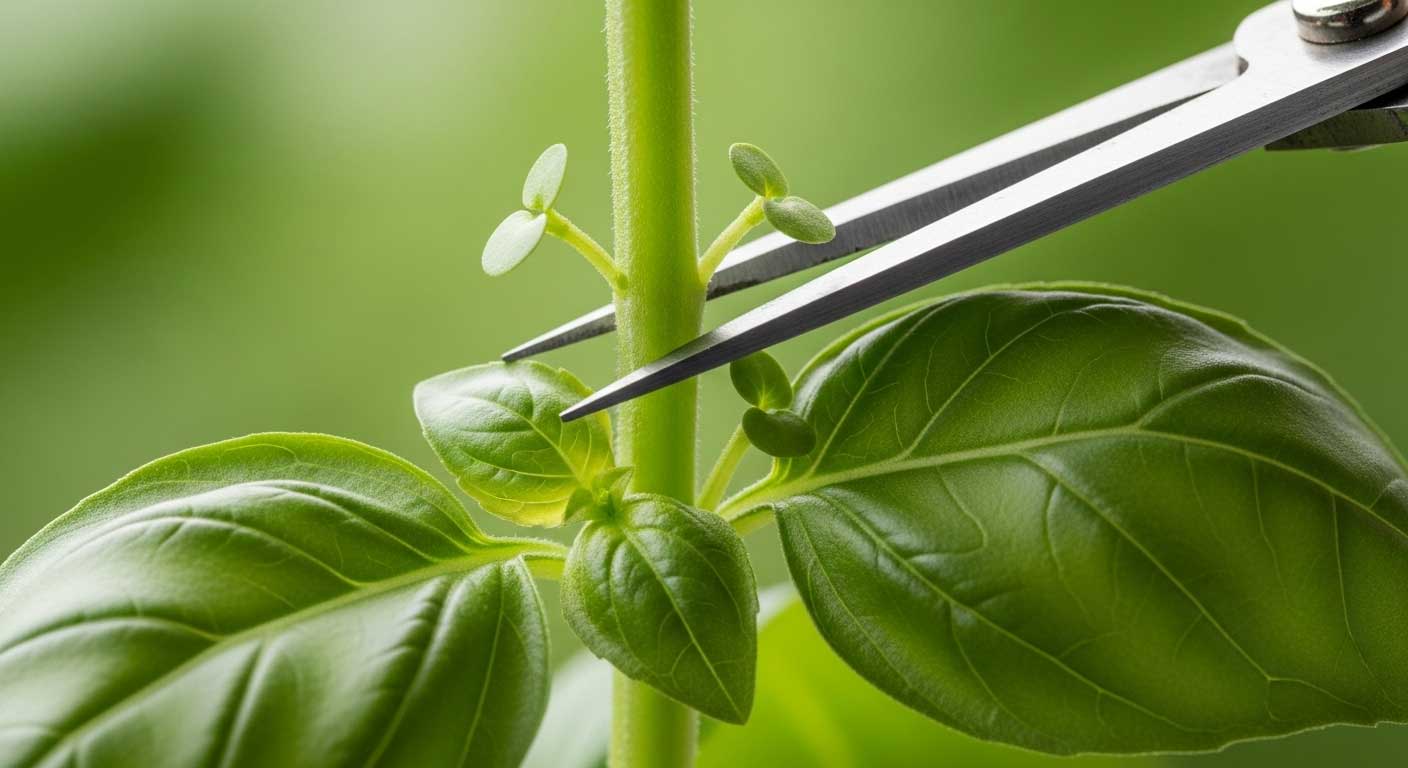 albahaca y tijeras podando las flores