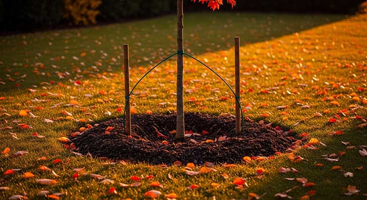 árbol recien plantado atado a unos poster para que no doble