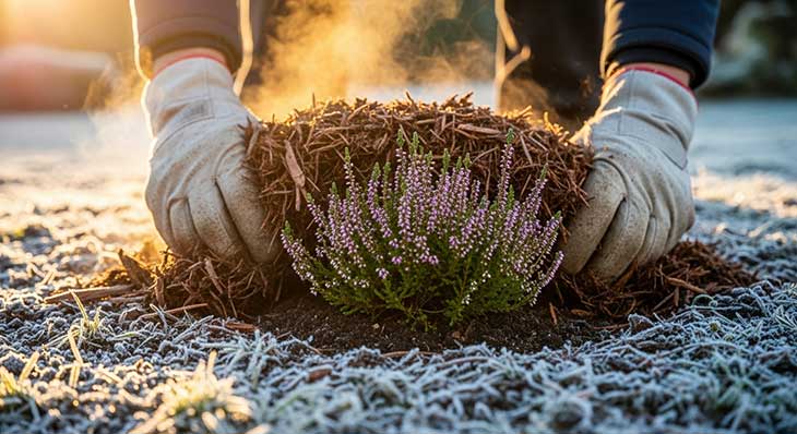 colocando acolchado de paja en plantas