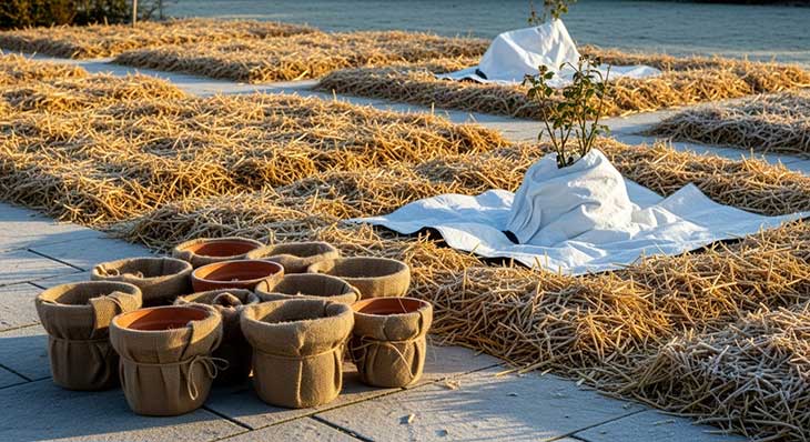 jardin repleto de paja para acolchar y proteger del frio