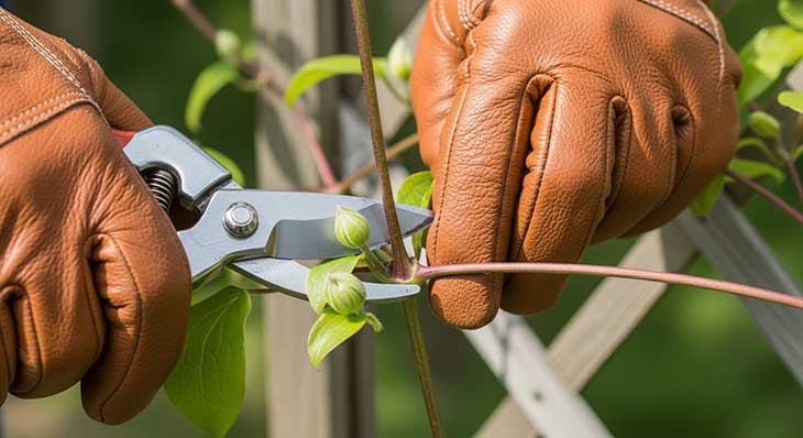 Manos de un jardinero podando correctamente un tallo de clemátide justo por encima de un par de yemas.