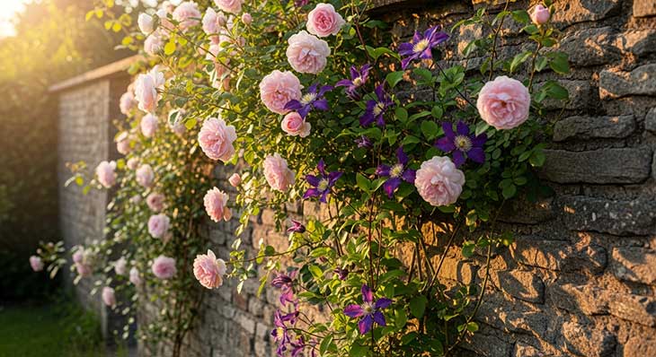 Una clemátide de flores púrpuras trepando y entrelazándose con un rosal de flores rosas en una pared de piedra.