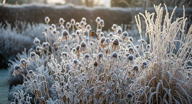 Jardín en invierno con cabezas de semillas de equinácea y gramíneas ornamentales cubiertas de escarcha, mostrando el interés invernal.