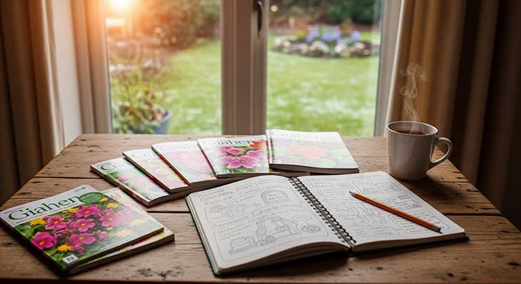 Escena de planificación de jardín en diciembre con catálogos de semillas, un cuaderno de bocetos y una taza de té junto a una ventana.