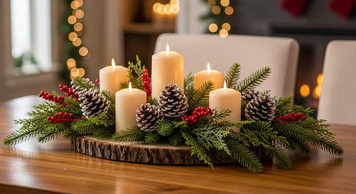 Centro de mesa navideño natural y rústico con velas, ramas de abeto y piñas sobre una mesa de comedor.
