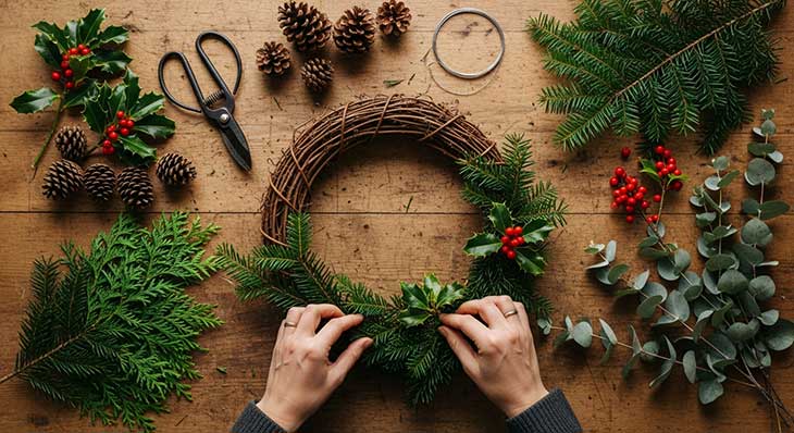 Manos creando una corona de Navidad casera sobre una mesa de madera con ramas de pino, piñas y bayas.