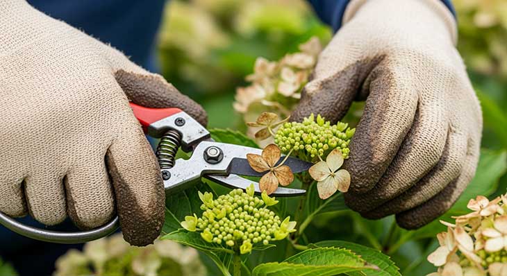 Primer plano de unas tijeras de podar cortando una flor seca de hortensia justo por encima de unas yemas nuevas, ilustrando la técnica correcta de poda.