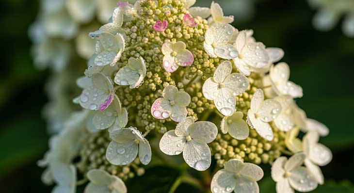 Macro de un racimo de flores de hortensia paniculata de color blanco cremoso cubiertas de rocío, mostrando la delicada belleza de la flor.