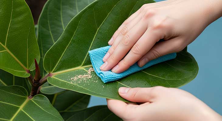 Primer plano de unas manos limpiando con un paño húmedo el polvo de la hoja de una planta de interior para maximizar la absorción de luz en invierno.