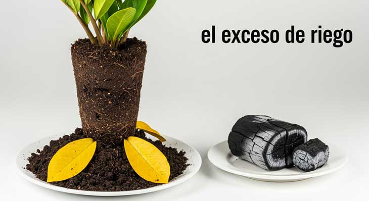 Ejemplo del exceso de riego en invierno, mostrando una planta de interior con la tierra encharcada y hojas amarillas en la base, signo de pudrición de raíces.