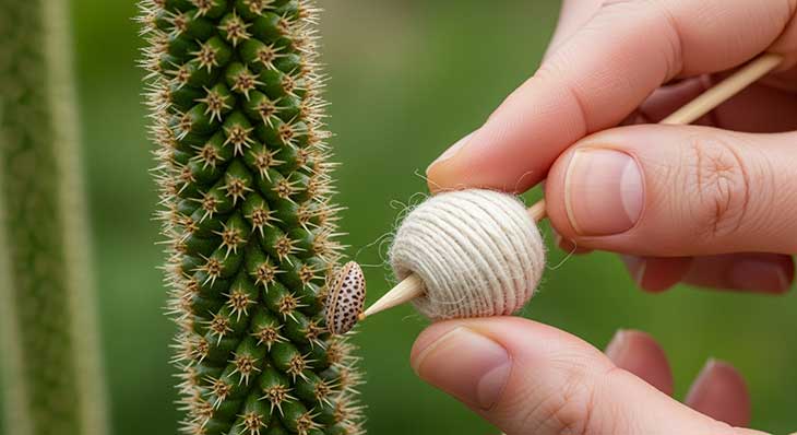 Mano utilizando un bastoncillo de algodón con alcohol para eliminar una cochinilla algodonosa de una planta, demostrando un método de control manual.