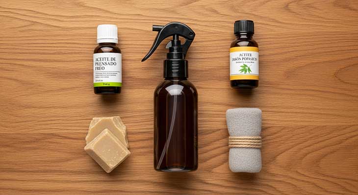 Composición de remedios ecológicos para plagas de plantas, incluyendo una botella de aceite de neem y un trozo de jabón potásico sobre una mesa de madera.