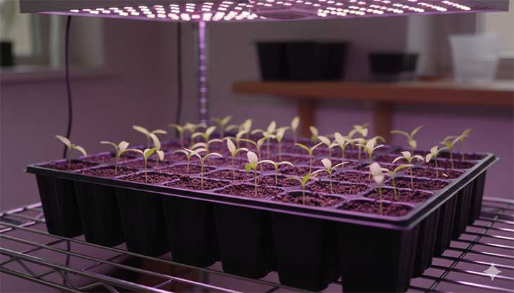 Primeros brotes verdes de pimientos germinando en un semillero bajo una luz de cultivo, mostrando la siembra de interior en enero.