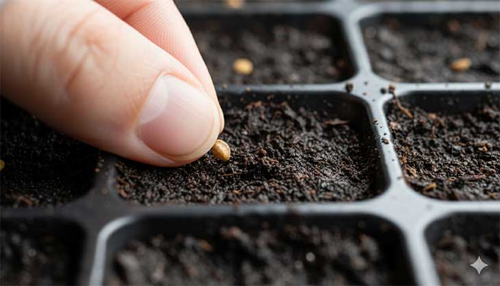 Primer plano de un dedo colocando con precisión una diminuta semilla en una celda de un semillero, ilustrando la siembra de interior