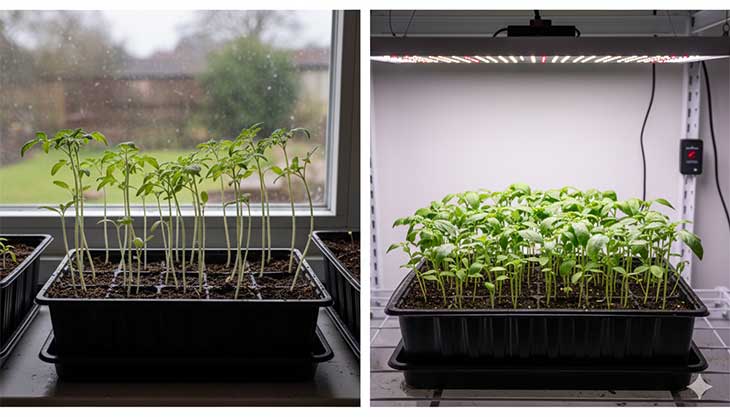 Comparativa visual mostrando plántulas ahiladas y débiles en un alféizar frente a plántulas compactas y sanas crecidas bajo una luz de cultivo.