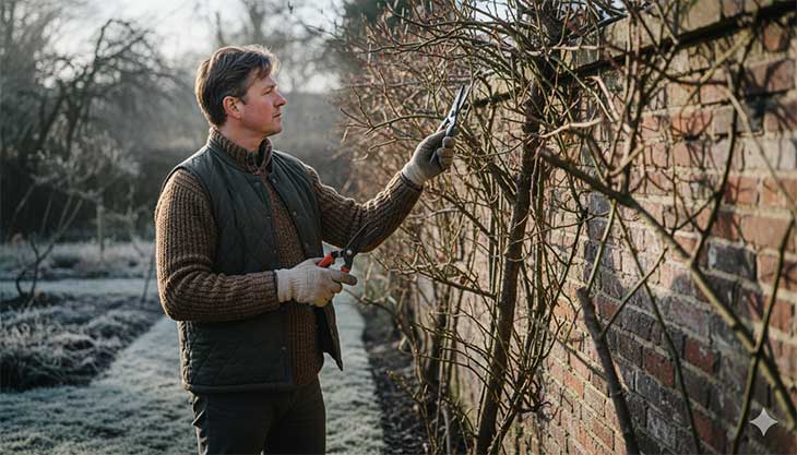 Un jardinero planificando la poda de dormancia de un rosal trepador, estudiando su estructura en un día de invierno.