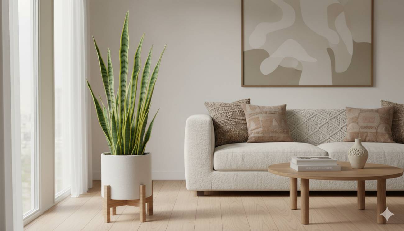 Planta de Lengua de Suegra alta y escultural en una maceta decorativa, mostrando un ejemplar sano como planta de interior en un salón luminoso.