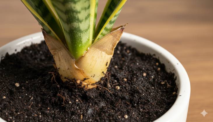 Primer plano de la base de una Lengua de Suegra con hojas amarillas y blandas, mostrando los síntomas de la pudrición de raíz por exceso de riego.
