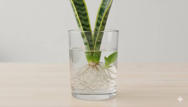 Esqueje de hoja de Lengua de Suegra enraizando en un vaso de agua, mostrando el crecimiento de nuevas raíces y un pequeño brote.