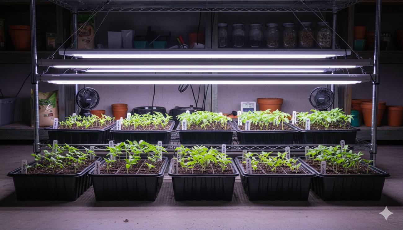 Estación de semilleros de interior con luces de cultivo LED, mostrando la siembra de tomates y pimientos en febrero para adelantar la temporada.
