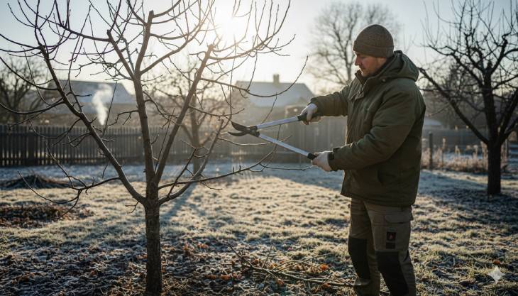 Jardinero realizando la poda de dormancia de un árbol frutal en un día soleado de febrero, una de las tareas más importantes del mes.