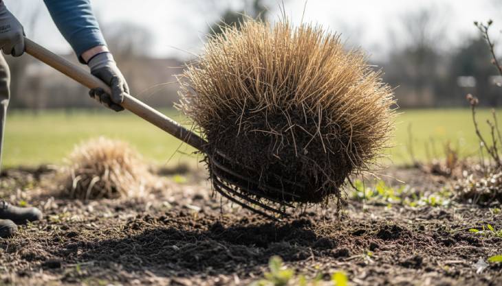 Jardinero utilizando una horca de cavar para dividir una mata de una planta perenne en febrero, una técnica clave de rejuvenecimiento.