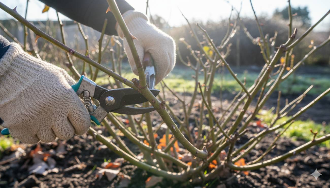 Manos de un jardinero podando un rosal en dormancia durante el mes de febrero, realizando un corte limpio sobre una yema hinchada.