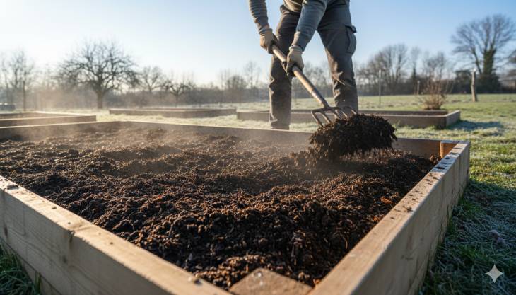 Jardinero añadiendo una capa de compost a un bancal de huerto en febrero para enriquecer y preparar la tierra para la siembra de primavera.