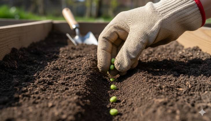 Primer plano de una mano realizando la siembra directa de semillas de guisante en un surco de tierra preparada en el huerto de febrero.
