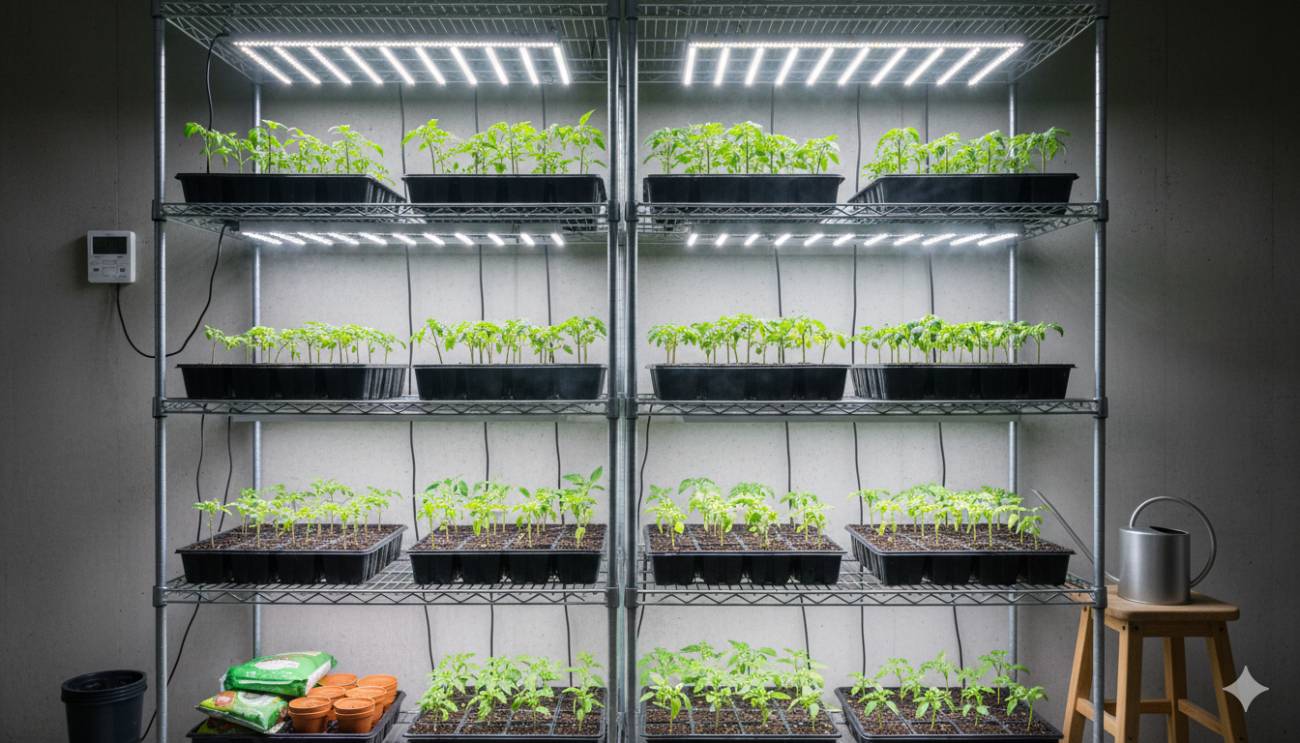 Estación de semilleros de interior bien organizada con luces de cultivo LED, mostrando plántulas sanas y verdes para adelantar la temporada en febrero.