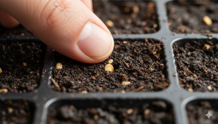 Primer plano de un dedo colocando con precisión una semilla de pimiento en una celda de un semillero, ilustrando la siembra de interior.