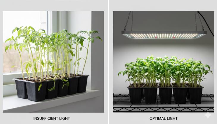 Comparativa visual que muestra la diferencia entre plántulas ahiladas y débiles por poca luz, frente a plántulas compactas y sanas crecidas bajo una luz de cultivo.