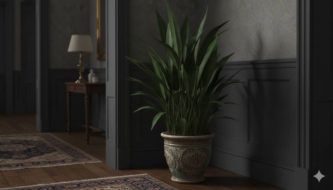 Una planta de Aspidistra elatior grande y saludable, con hojas de color verde oscuro, prosperando en un rincón con poca luz de una casa.
